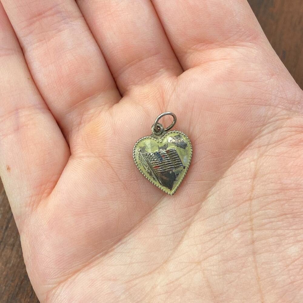 Vintage 925 Sterling Silver "Bob" American Flag Puffy Heart Pendant Charm